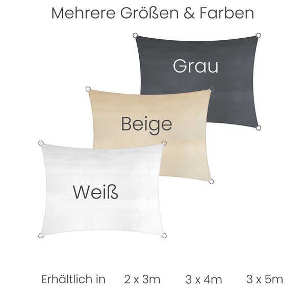 Sonnensegel in den Farben Grau, Beige und Weiß, verfügbar in den Größen 2 mal 3 Meter, 3 mal 4 Meter und 3 mal 5 Meter.