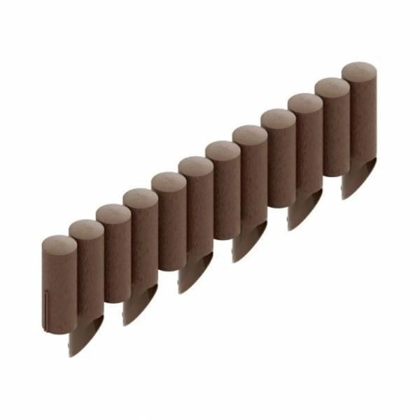 Braune Palisade aus Kunststoff in Holzoptik mit Erdspießen zur Beetumrandung.