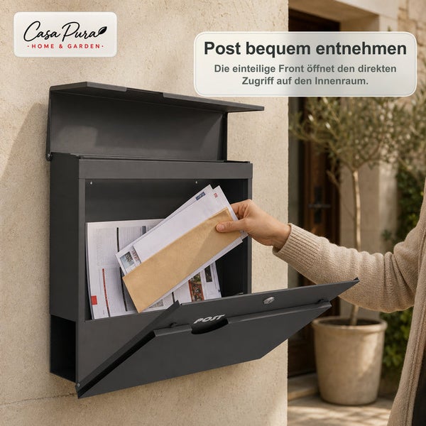 Wandbriefkasten mit Postentnahme durch aufklappbare Front vor einer Hauswand montiert