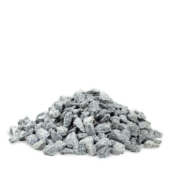 Grauer Splitt für die Gartengestaltung und den Wegebau, kantige Natursteine in verschiedenen Größen.