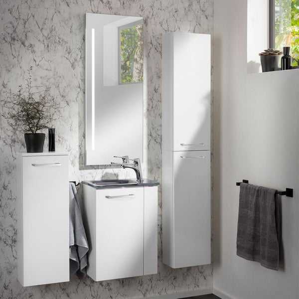 Fackelmann SCENO Gäste-WC Set 2 Teile – Waschtischunterschrank in Weiß mit Waschbecken aus Glas in Anthrazit – SBC Waschbeckenunterschrank schmal – Türanschlag links – 45 cm breit