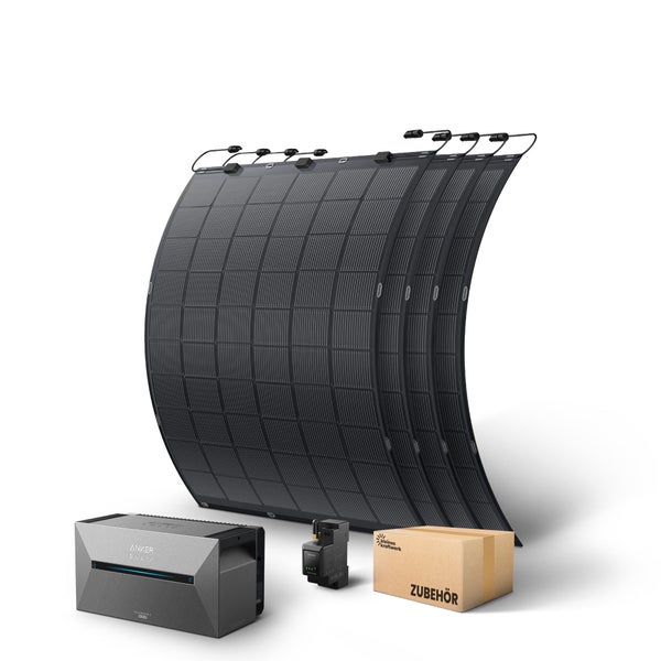 Balkonkraftwerk-Set bestehend aus flexiblen Solarmodulen, Anker SOLIX Solarbank 2 Pro Speicher, Smart Meter und Zubehörbox.