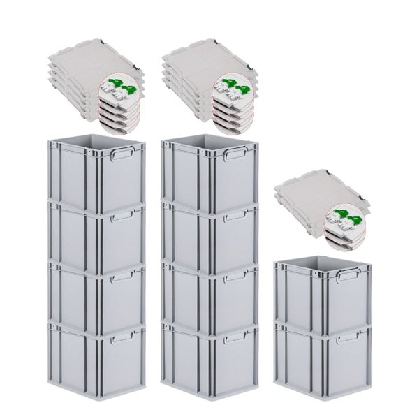 PROREGAL Spar Set 10x Eurobox Nextgen Economy Mit Scharnierdeckel & Grünen Schiebeschnappverschlüssen Griffe Geschlossen HxBxT 32 x 30 x 40 cm