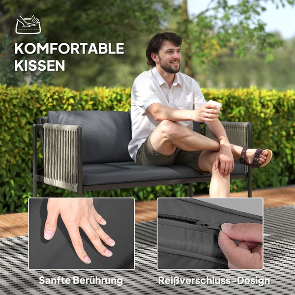 Outsunny Gartenmöbel Set aus Polyrattan Lounge-Set mit 2er Sofa Sessel Glastisch Kissen wetterfest Balkonmöbel für 4 Personen Outdoor Sitzgruppe Terrassenmöbel für Garten Balkon Grau