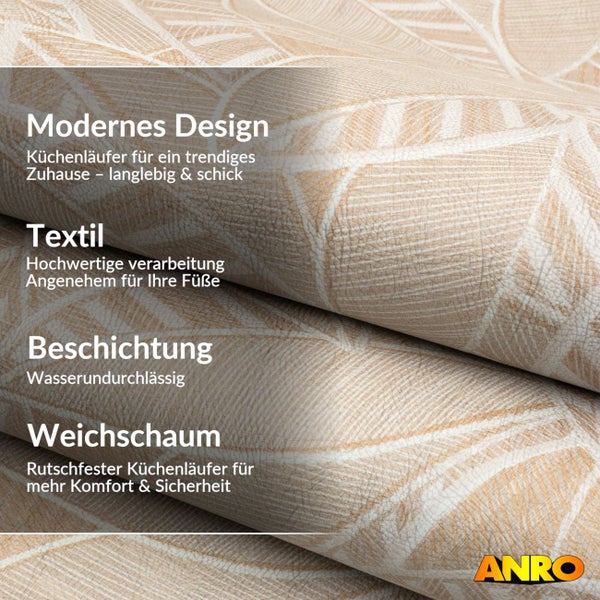 Rutschfester Küchenläufer aus Weichschaum mit Textiloberfläche, wasserundurchlässiger Beschichtung und Blattmuster. ANRO Logo.