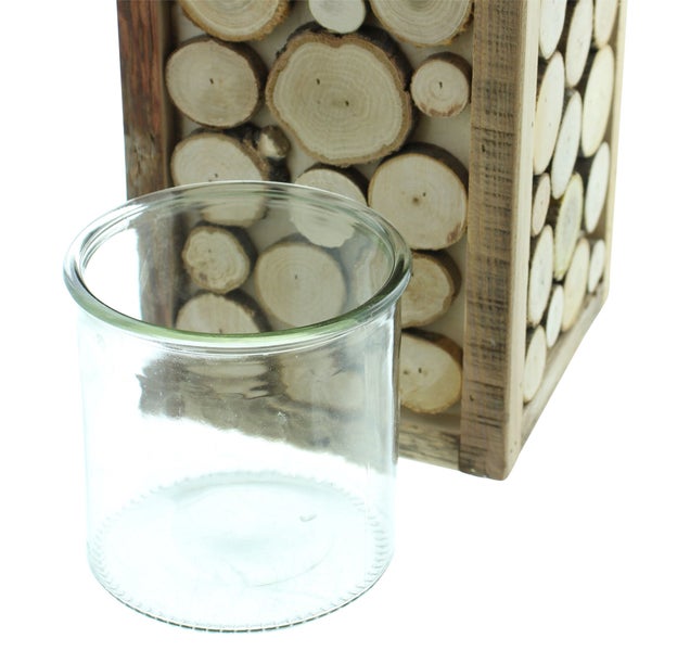 FRANK FLECHTWAREN | Windlichtsäule Holzscheibchen, HOLZ, GLAS, 16 x 16 x 58 cm, Glas Ø 12 x 12 cm