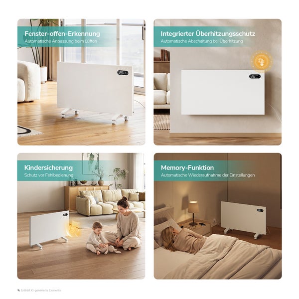 Elektrischer Konvektor mit Kippschutz der sich bei einer Neigung von mehr als 45 Grad automatisch abschaltet