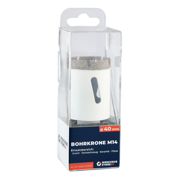 Werkzeug Store24 Bohrkrone M14, 40 Millimeter Durchmesser, für Granit, Feinsteinzeug, Keramik und Fliesen in Verpackung