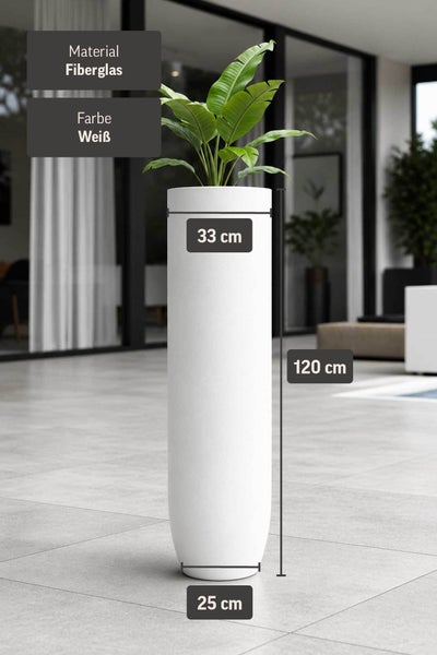 Weiße zylindrische Pflanzsäule aus Fiberglas, Höhe 120 Zentimeter, Durchmesser oben 33 Zentimeter, unten 25 Zentimeter, in modernem Ambiente.