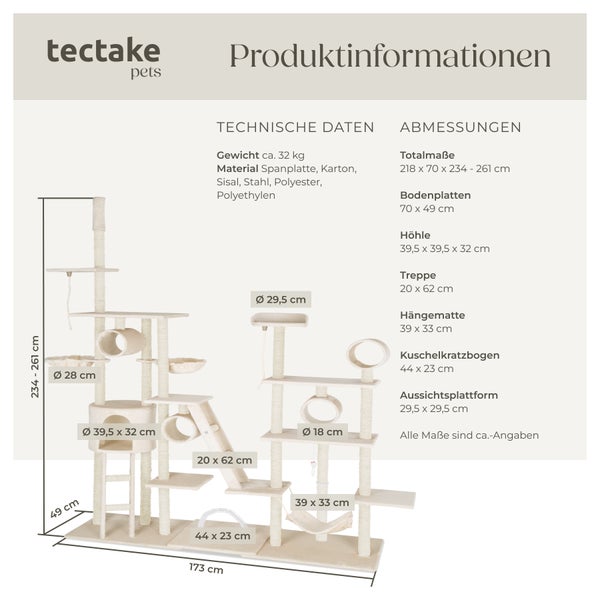 Kratzbaum tectake Snooky inklusive 2 Treppen, 2 Spielkordeln, Kratzbogen, Deckenspanner und Kippschutz 234 bis 261 cm beige
