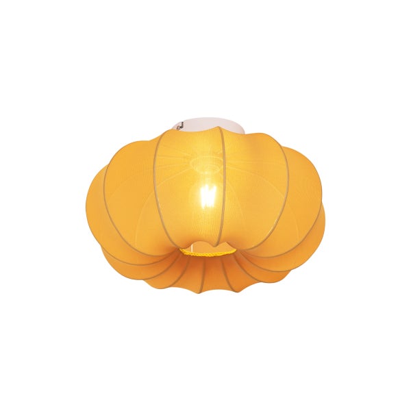 Gelbe Deckenleuchte aus Stoff in runder, gerippter Form.