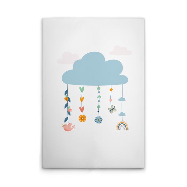 Leinwandbild mit Wolke, Vogel, Regenbogen und Blumendesign für Kinder