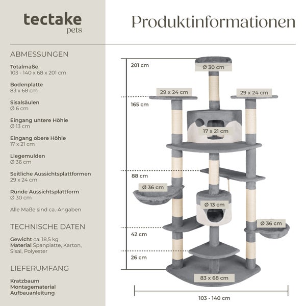 Kratzbaum tectake Fippi inklusive Spielkordel und Kippschutz 201 cm grau/weiß