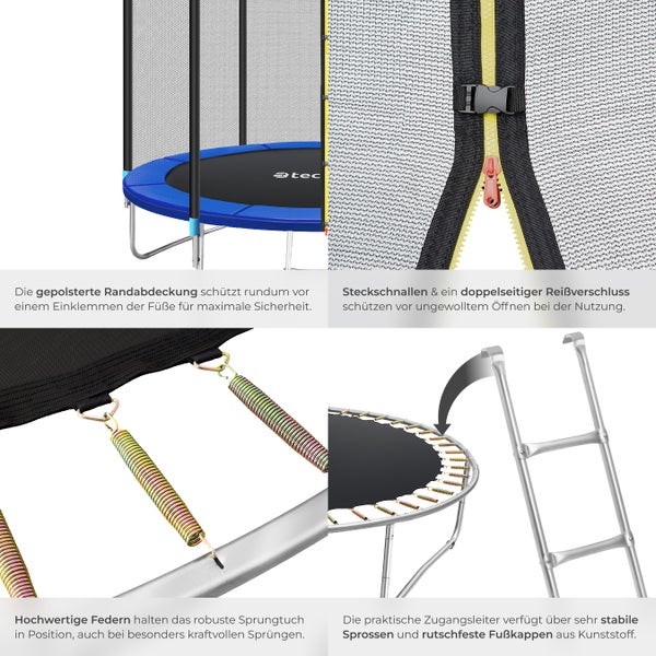 Detailansicht eines Trampolins mit Sicherheitsnetz, Randabdeckung, Federn, Leiter und Reißverschluss