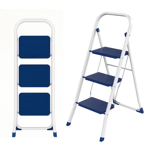 Zwei Ansichten einer weißen Haushaltsleiter mit drei Stufen