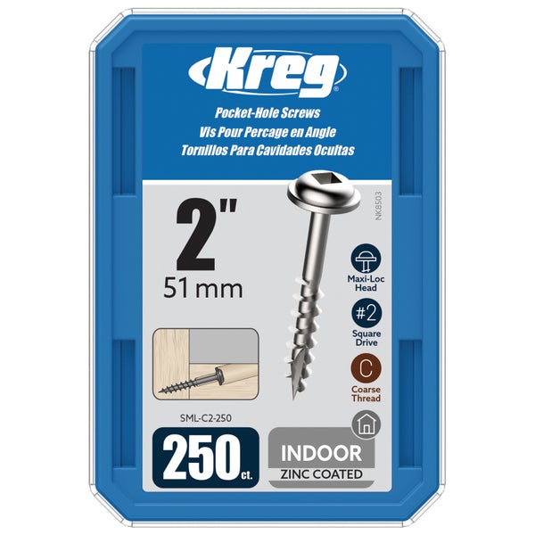 Kreg Taschenlochschrauben für den Innenbereich, 51 Millimeter lang, verzinkt, Maxi-Loc-Kopf, Vierkantantrieb, Grobgewinde, Packung mit 250 Stück.