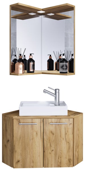 Eckwaschtischkombination mit Spiegelschrank und Aufsatzwaschbecken