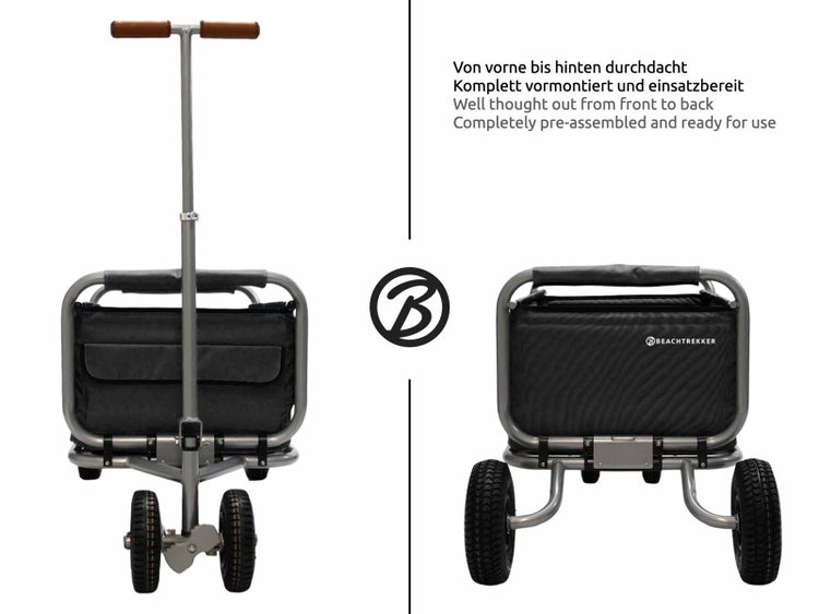Strandwagen mit Griff und drei Rädern, komplett montiert