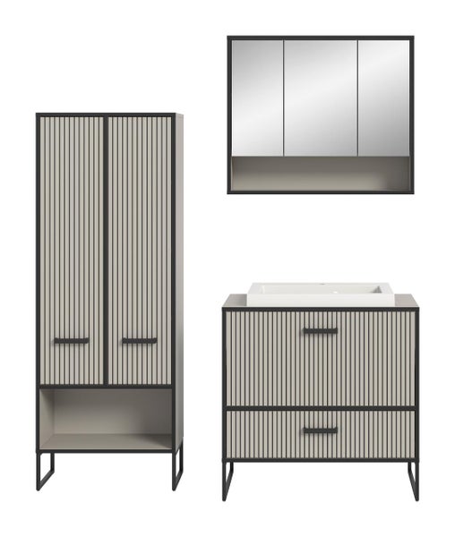 Badmöbel-Set bestehend aus Hochschrank, Waschtischunterschrank mit Waschbecken und Spiegelschrank mit vertikaler Lamellenoptik und Metallgestell.