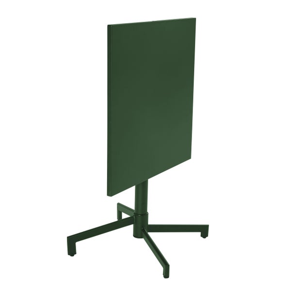 Klappbarer Bistrotisch aus Metall in Dunkelgrün mit quadratischer Tischplatte und vierbeinigem Gestell.