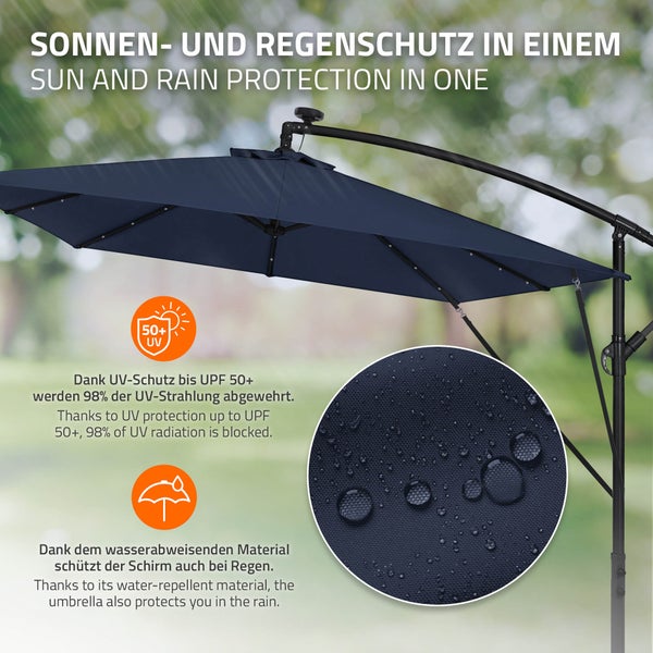 Freischwinger Ampelschirm mit UV Schutzfaktor 50 plus und wasserabweisendem Bezug für Garten und Terrasse.