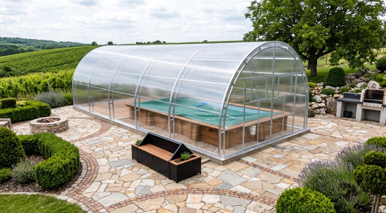Großes, gewölbtes Schwimmbadüberdachung aus Polycarbonat in einem gepflegten Garten mit Natursteinpflaster, angrenzender Feuerstelle und Sitzbank.