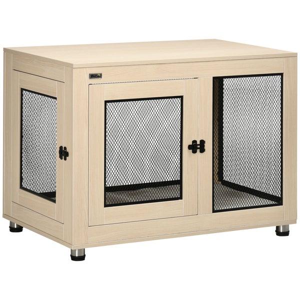 PawHut Hundekäfig für Zuhause, Hundebox mit 2 Türen, Waschbaren Kissen, Hundehütte mit Verstellbare Füße, Riegel, für große Hunde bis 30 kg, Eiche, 94 x 60 x 71,5 cm