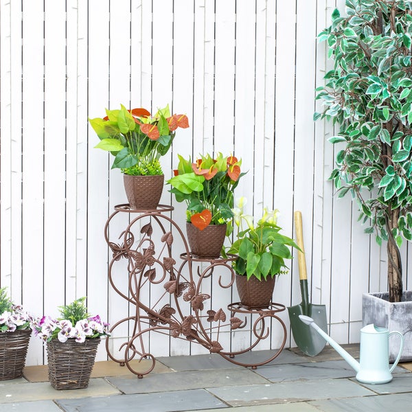 Outsunny Blumenständer, Pflanzenregal, Dreistufiger Blumenstand, Blumentreppe im französischem Stil, Pflanzenstand, Metall, Bronze, 76 x 27 x 67 cm