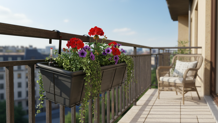 Dunkelgrauer Balkonkasten mit Blumen am Metallgeländer. Bepflanzt mit Geranien und Petunien. Im Hintergrund ein Korbsessel auf dem gefliesten Balkon.
