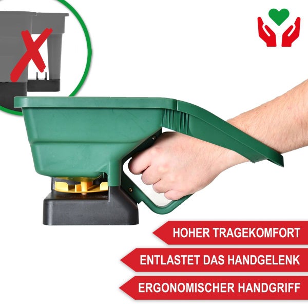 Handstreuer mit ergonomischem Handgriff und Unterarmstütze zur Entlastung des Handgelenks.