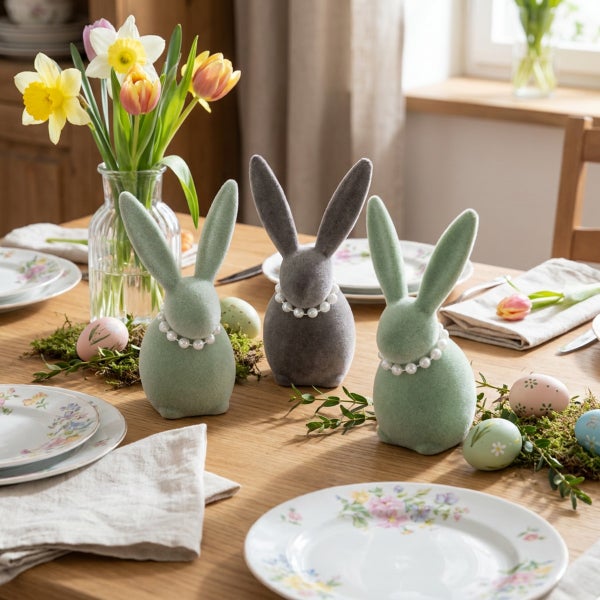 Drei Osterhasen-Figuren mit Perlenketten als Tischdekoration auf einem Holztisch mit Blumenstrauß und bemalten Ostereiern.