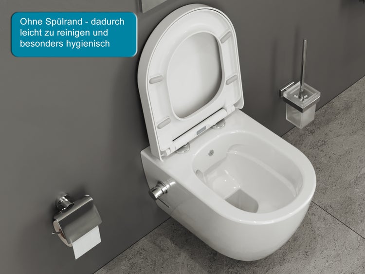 Aqua Bagno Taharet Hänge-Dusch-WC New Cloud 2.0 – Spülrandlos – Weiß – Bidetfunktion mit Warm-/Kaltwasser