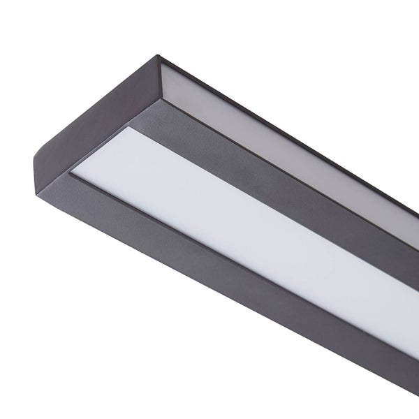 Nahaufnahme einer rechteckigen LED Wandleuchte mit anthrazitfarbenem Metallrahmen und weißen Kunststoffabdeckungen.