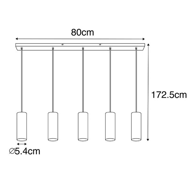 Technische Zeichnung einer Pendelleuchte mit fünf Lampen, Abmessungen: 80 cm breit, 172,5 cm hoch, Lampendurchmesser 5,4 cm