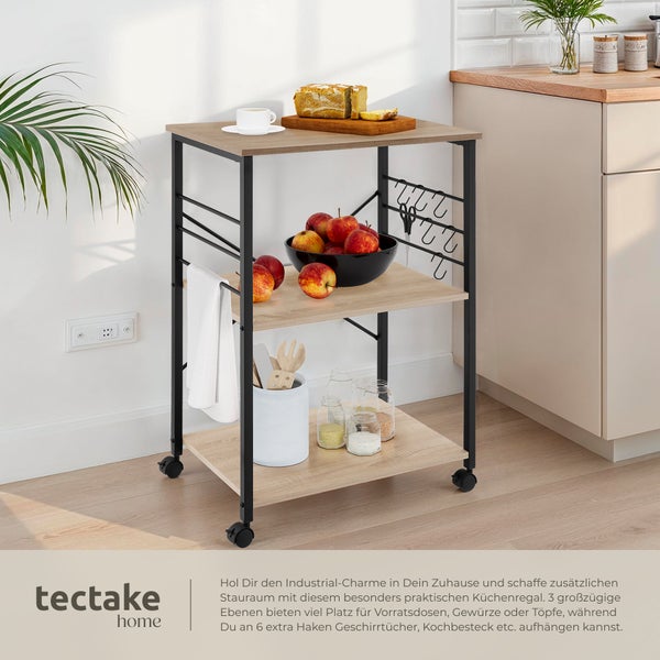 Servierwagen tectake Rugby inklusive 6 Haken, 65,5 x 45,5 x 88,5 cm Industrial Style Industrial Holz hell, Eiche Sonoma