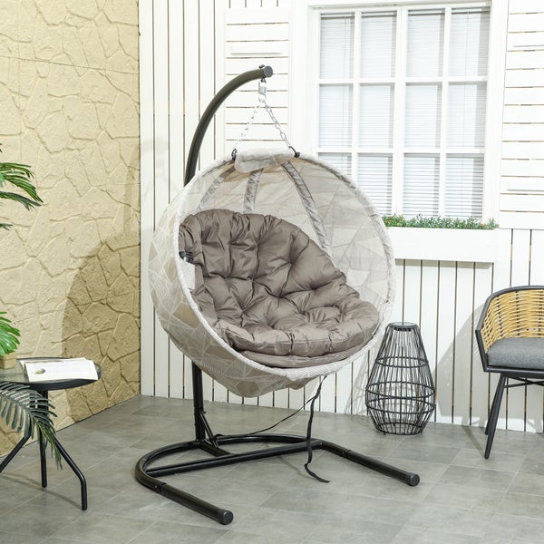 Outsunny Eiförmiger Hängesessel mit Gestell, faltbar Hängeschaukel mit Becherhalter, abnehmbar waschbar Sitz, U-Gestell, Hängematte, Schaukelsessel für Terrasse, Garten, Sand