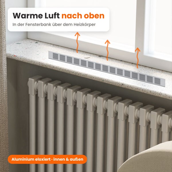 Lüftungsgitter aus eloxiertem Aluminium in einer Fensterbank über einem Heizkörper montiert zur effizienten Wärmeverteilung.