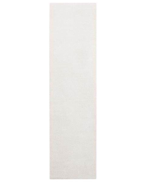Weißer Teppichläufer in rechteckiger Form mit weicher Oberfläche.
