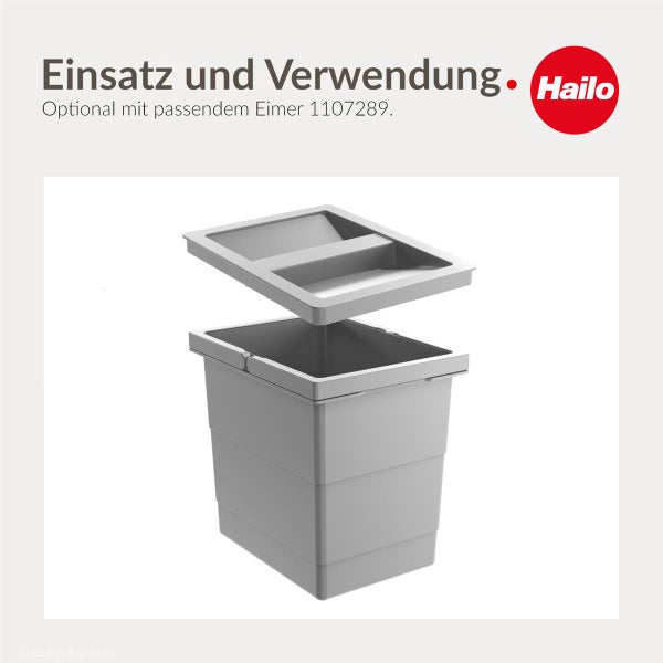 Grauer Hailo Abfalleimer aus Kunststoff mit passendem Deckel, optional kombinierbar mit Eimer 1107289, Hailo Logo.