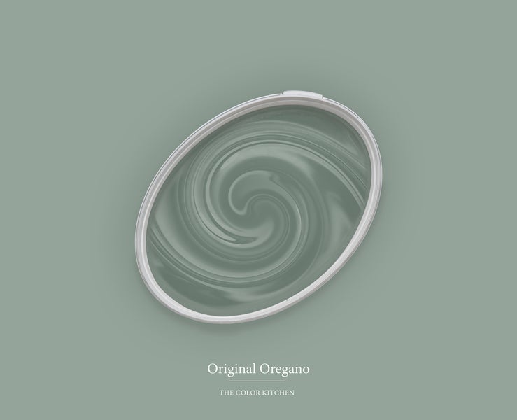 Farbmuster der Wandfarbe Original Oregano von THE COLOR KITCHEN in einer runden Schale mit Wirbelmuster.