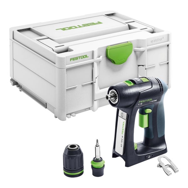 Festool Akku-Bohrschrauber C 18 im Systainer mit Zubehör wie Bohrfutter und Gürtelclip.