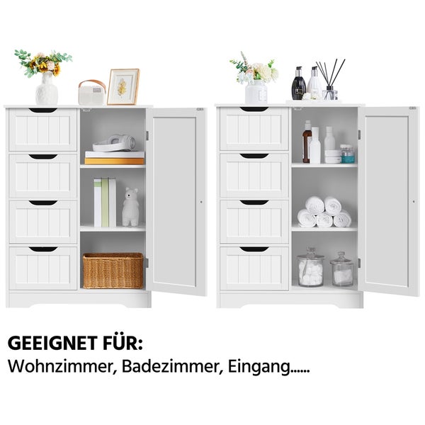 Weißer Mehrzweckschrank mit vier Schubladen und einer Tür, geeignet für Wohnzimmer, Badezimmer und Eingang.