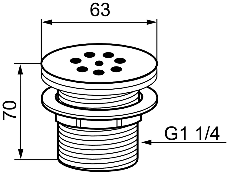 Maßzeichnung eines Ablaufventils mit einem Durchmesser von 63 Millimetern, einer Höhe von 70 Millimetern und einem G 1 1/4 Zoll Anschluss.