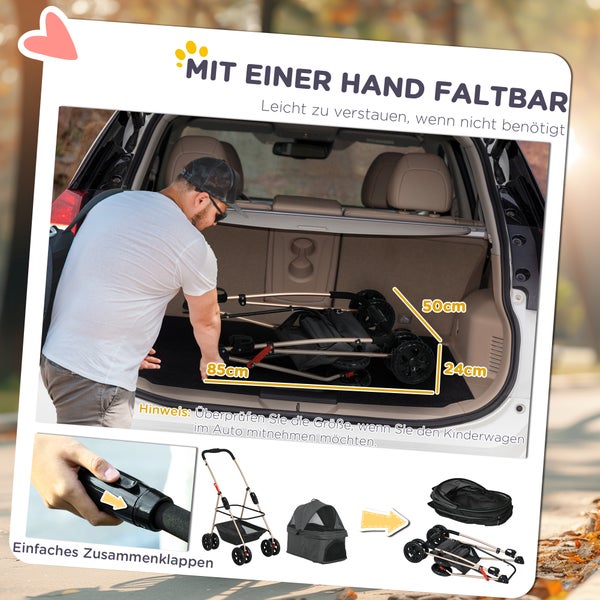 PawHut Hundewagen 3 in 1 Hundebuggy Faltbar Hundebox, klappbar Transporttasche mit Getränkehalter, Hunde Buggy, Katzenwagen mit 360° Räder Katzenbuggy für Mini Hunde unter 4 kg, Grau