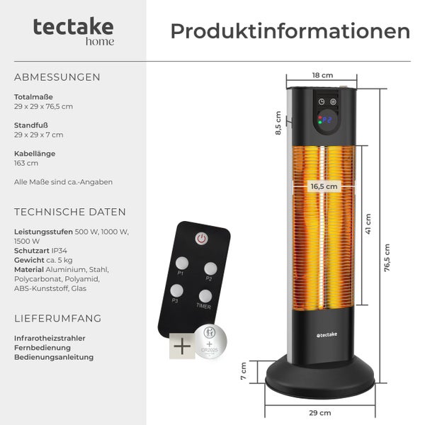 Produktinformationen zum Infrarot Heizstrahler mit Fernbedienung von tectake home, inklusive Maßangaben