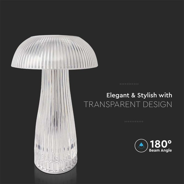 Tischleuchte mit transparentem Design und 180 Grad Abstrahlwinkel