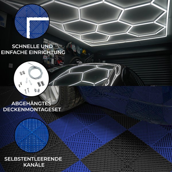 Belüftete Garagenbodenfliesen und sechseckige LED-Leuchten 60 Schwarze x 60 Blaue - mit Kanten