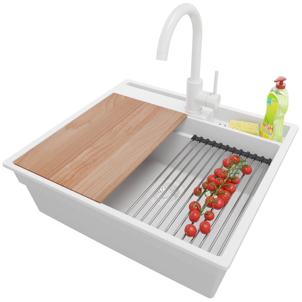 PRIMAGRAN Granitspüle Alles Weiß 58x53cm, Spülbecken 1 Becken + Küchenarmatur 32x20cm + Ablauf-Set + Küchenzubehörset, Küchenspüle ab 60er Unterschrank - Oslo Pocket