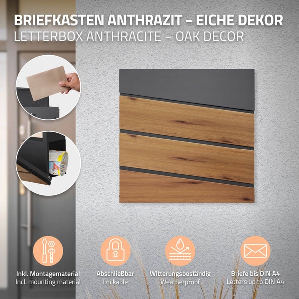 ECD Germany Standbriefkasten mit Zeitungsfach, Design Briefkasten mit Pfosten, Briefkastenanlage, Briefkastenständer 120 cm Anthrazit Edelstahl, Postkasten Anthrazit Holzoptik Stahl 37 x 37 x 11 cm
