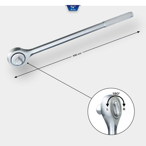 Umschaltknarre 3/4 Zoll mit einer Länge von 490 mm und einem Schwenkbereich von 180 Grad